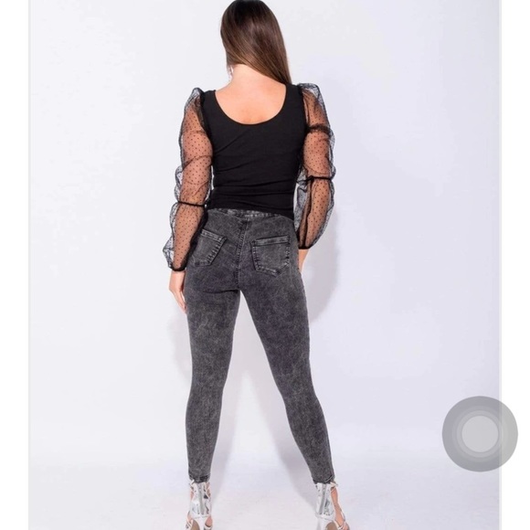 BLACK DOBBY MESH SHEER SLEEVE FITTED TOP W/ POLKA DOTS - Picture 7 of 7